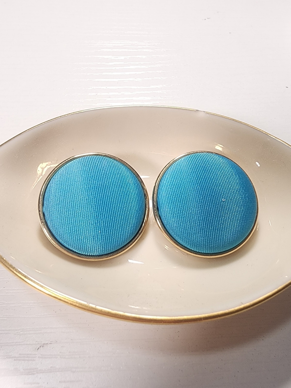 Vintage Turquoise Fabric Button Clip-On Earrings - Bold Round Style